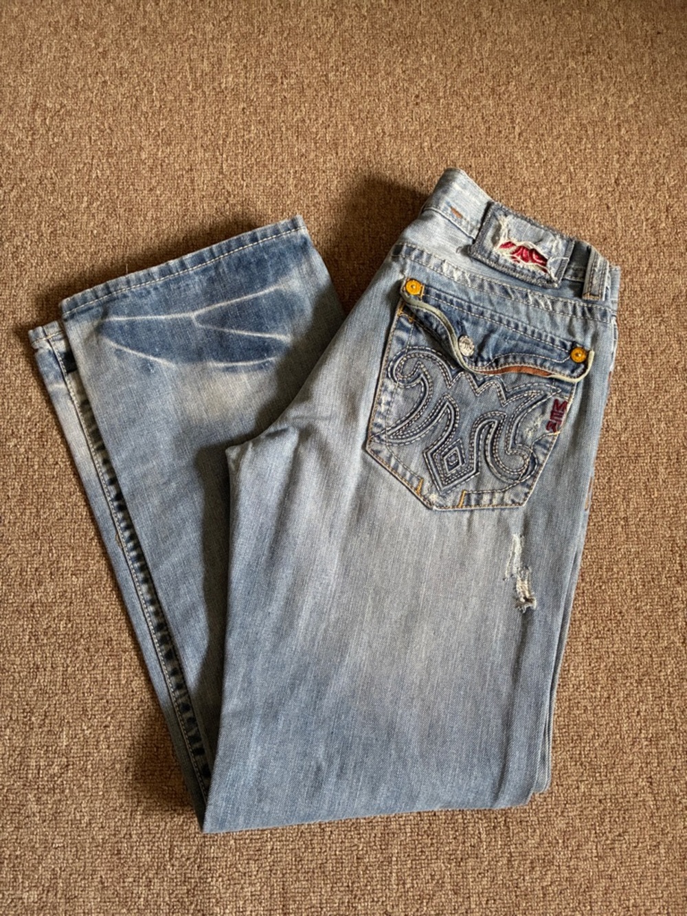 MEK Boulder 34x34 Distressed Light Blue Embroidered Pocket Men’s Denim